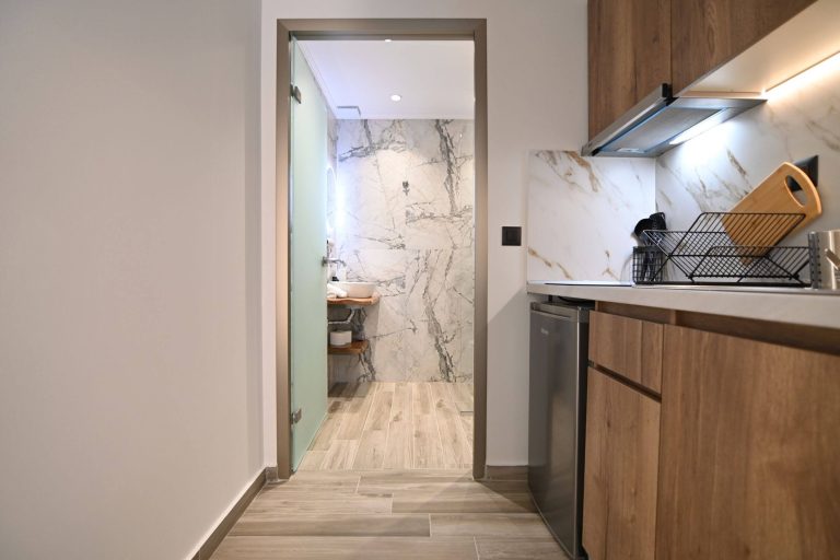 Esperides Suites | Arethousa Suite | Kitchen & Bathroom | Nea Vrasna